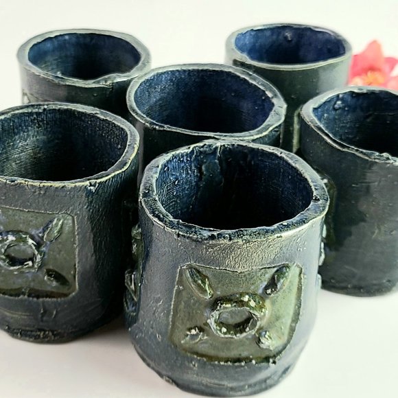 Vintage- Signed - Dark Blue Handmade Stoneware Tea Set with 6 Cups - Picture 5 of 12